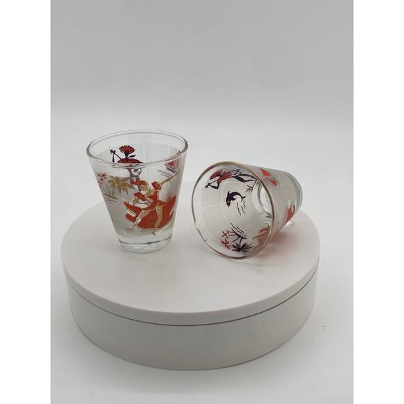 Vintage Hawaiian Hula Girl & Musician Shot Glasses Set – Red & Gold Tiki Barware - Picture 3 of 4